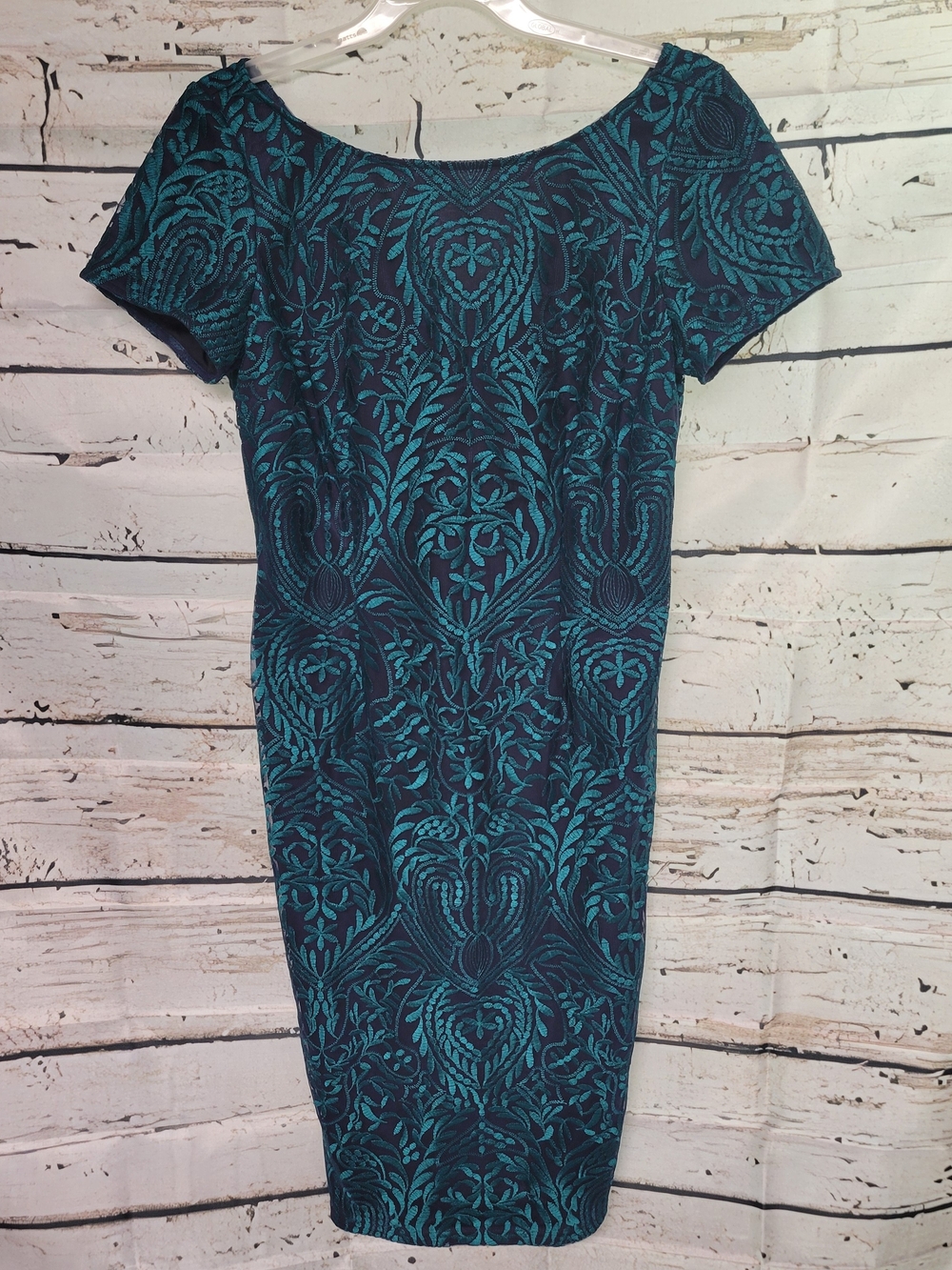 JS Collections Green And Black Jacquard Midi Sheath Dress Size 10 Cocktail Party